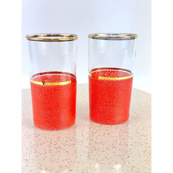 Vintage 60s pair tumblers, tangerine orange, peel skin textured, Federal Glass - Picture 4 of 10